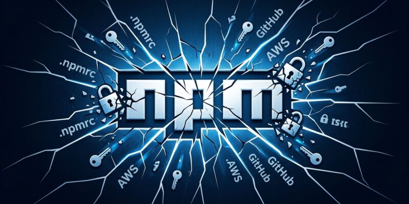 Shattered npm logo with credentials escaping through cracks, representing the Keyv supply chain attack