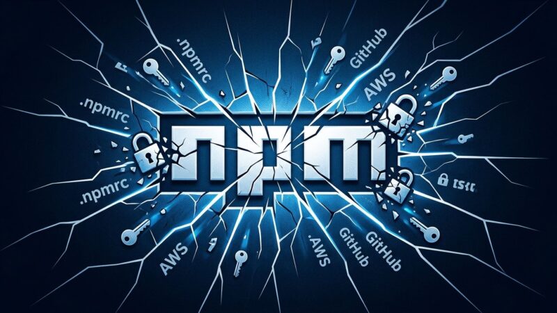 Shattered npm logo with credentials escaping through cracks, representing the Keyv supply chain attack