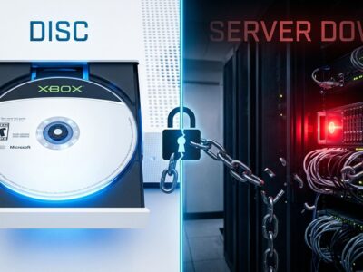 Split illustration showing a game disc on the left and a server rack with offline indicator on the right, representing Xbox DRM outage locking disc game access