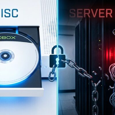 Split illustration showing a game disc on the left and a server rack with offline indicator on the right, representing Xbox DRM outage locking disc game access