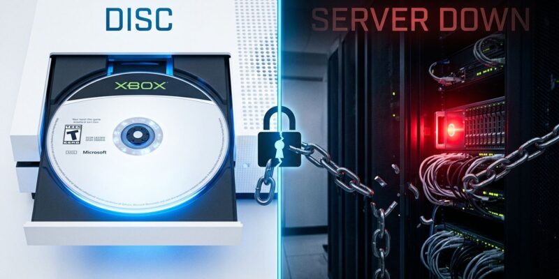 Split illustration showing a game disc on the left and a server rack with offline indicator on the right, representing Xbox DRM outage locking disc game access