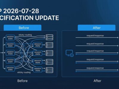 Diagram showing MCP protocol transition from stateful to stateless architecture in the 2026-07-28 specification