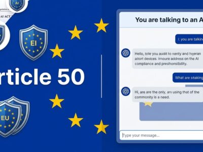 EU flag with AI compliance shield icons on left, developer chatbot UI with AI disclosure banner on right, split-screen design