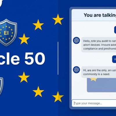 EU flag with AI compliance shield icons on left, developer chatbot UI with AI disclosure banner on right, split-screen design
