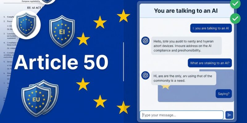EU flag with AI compliance shield icons on left, developer chatbot UI with AI disclosure banner on right, split-screen design
