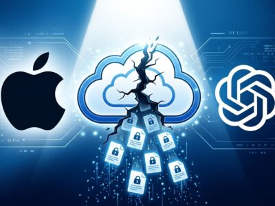 Conceptual illustration of Apple and OpenAI logos flanking a cracked iCloud icon with document sheets falling through, representing the trade secret data breach