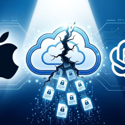 Conceptual illustration of Apple and OpenAI logos flanking a cracked iCloud icon with document sheets falling through, representing the trade secret data breach