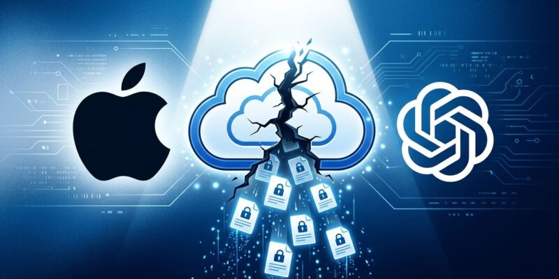 Conceptual illustration of Apple and OpenAI logos flanking a cracked iCloud icon with document sheets falling through, representing the trade secret data breach