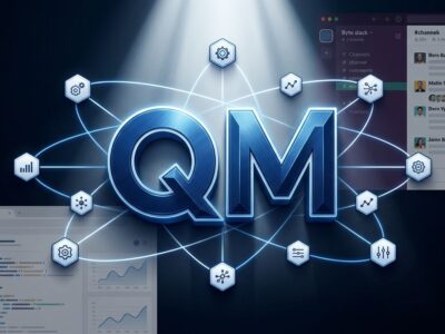 Bold conceptual design showing QM agent harness with hexagonal nodes, blue and white tech blog aesthetic