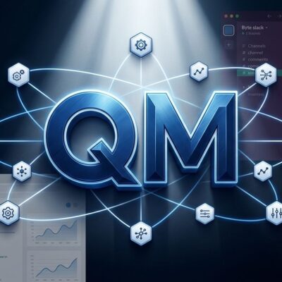 Bold conceptual design showing QM agent harness with hexagonal nodes, blue and white tech blog aesthetic