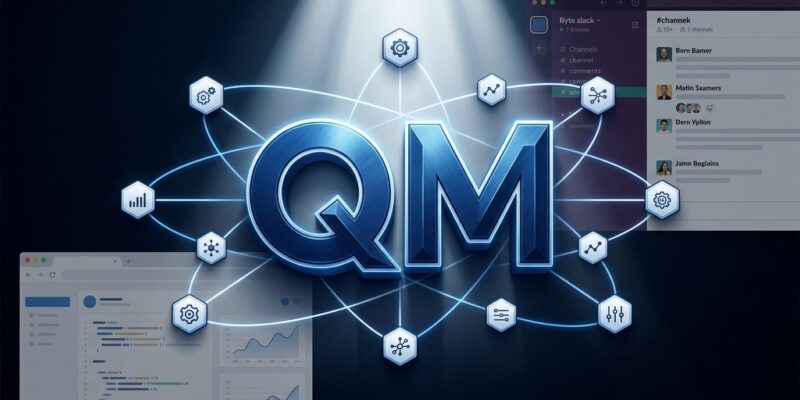 Bold conceptual design showing QM agent harness with hexagonal nodes, blue and white tech blog aesthetic