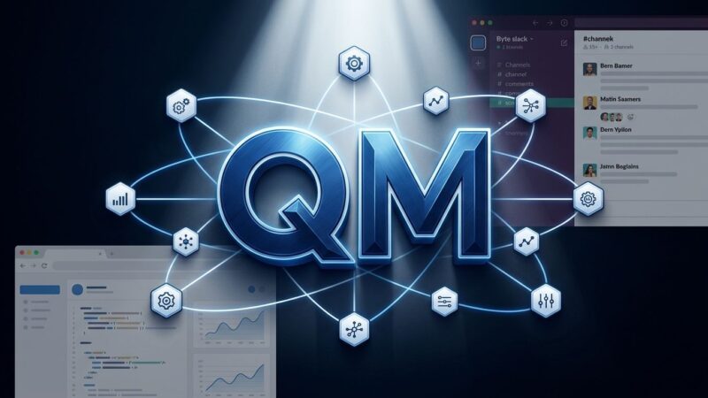 Bold conceptual design showing QM agent harness with hexagonal nodes, blue and white tech blog aesthetic