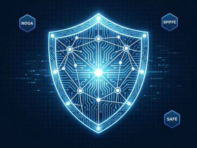 Shield icon with circuit patterns representing AI agent security tools NOOA SPIFFE and SAFE from NVIDIA Open Secure AI Alliance