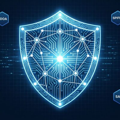 Shield icon with circuit patterns representing AI agent security tools NOOA SPIFFE and SAFE from NVIDIA Open Secure AI Alliance