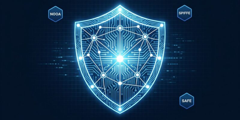 Shield icon with circuit patterns representing AI agent security tools NOOA SPIFFE and SAFE from NVIDIA Open Secure AI Alliance