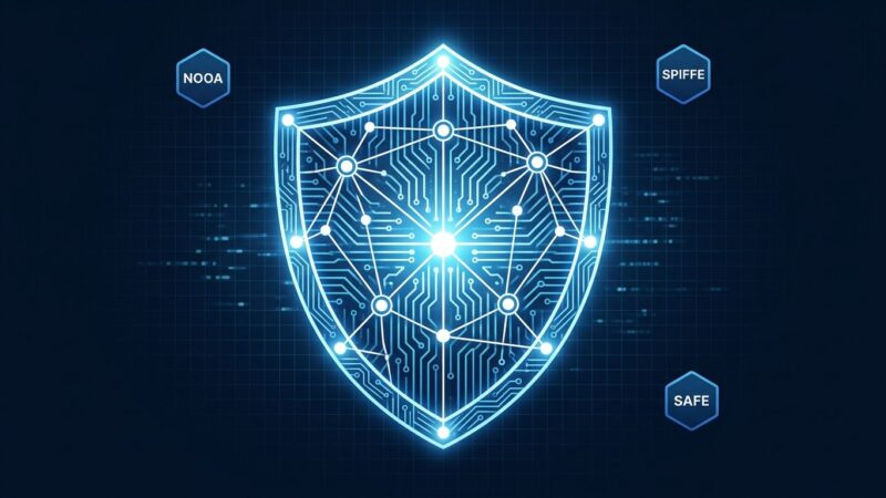 Shield icon with circuit patterns representing AI agent security tools NOOA SPIFFE and SAFE from NVIDIA Open Secure AI Alliance