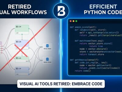 Split-screen showing visual AI workflow builder nodes fading out on left, replaced by terminal code on right, representing the Flowise shutdown