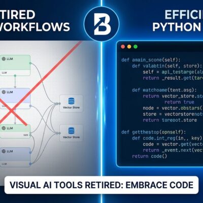 Split-screen showing visual AI workflow builder nodes fading out on left, replaced by terminal code on right, representing the Flowise shutdown