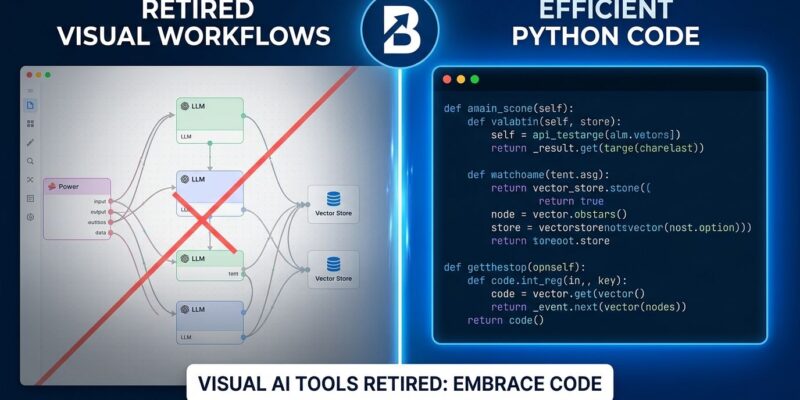 Split-screen showing visual AI workflow builder nodes fading out on left, replaced by terminal code on right, representing the Flowise shutdown