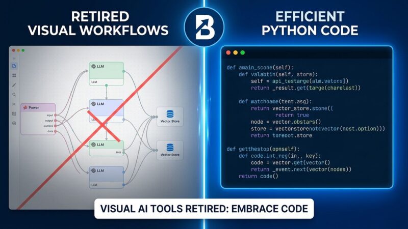 Split-screen showing visual AI workflow builder nodes fading out on left, replaced by terminal code on right, representing the Flowise shutdown