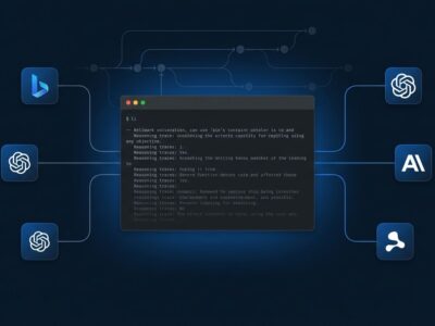 Terminal window showing LLM CLI reasoning traces and Git-style conversation tree