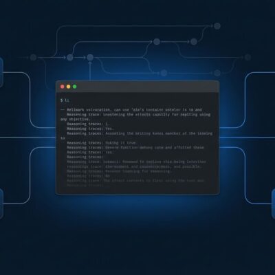 Terminal window showing LLM CLI reasoning traces and Git-style conversation tree
