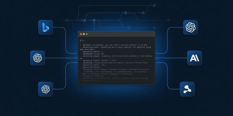 Terminal window showing LLM CLI reasoning traces and Git-style conversation tree