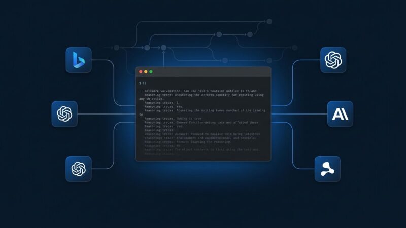 Terminal window showing LLM CLI reasoning traces and Git-style conversation tree