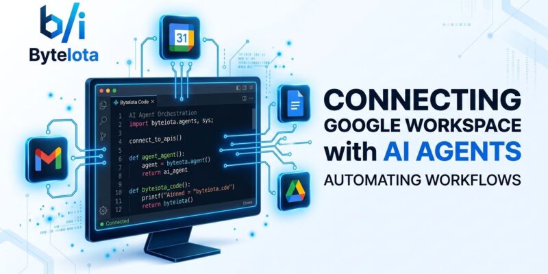 Cursor 3 IDE with Google Workspace app icons connected by blue lines representing AI agent integration