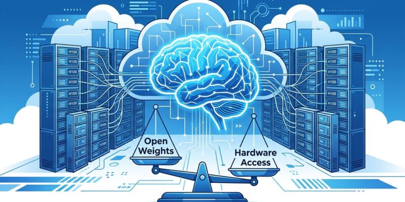 Kimi K3 open weights self-hosting hardware requirements — neural network with GPU servers and scale showing open weights versus hardware access