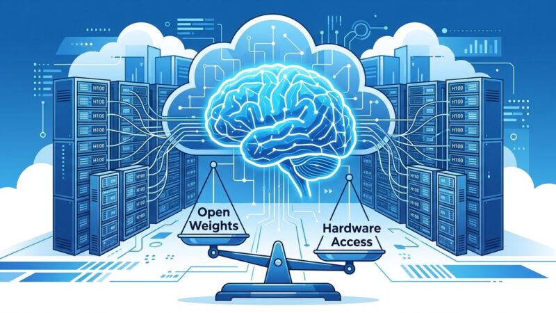 Kimi K3 open weights self-hosting hardware requirements — neural network with GPU servers and scale showing open weights versus hardware access