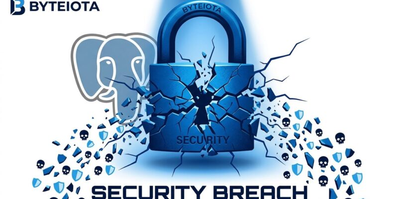 Breaking padlock with PostgreSQL elephant symbol representing the PostGREShell CVE-2026-6471 security vulnerability