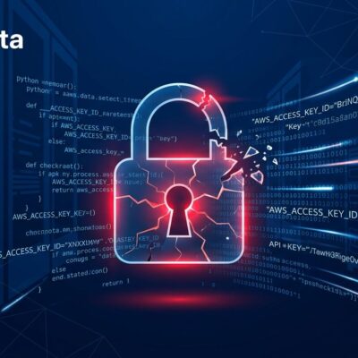 Broken padlock with API key data streams representing Langflow CVE-2026-33017 remote code execution vulnerability