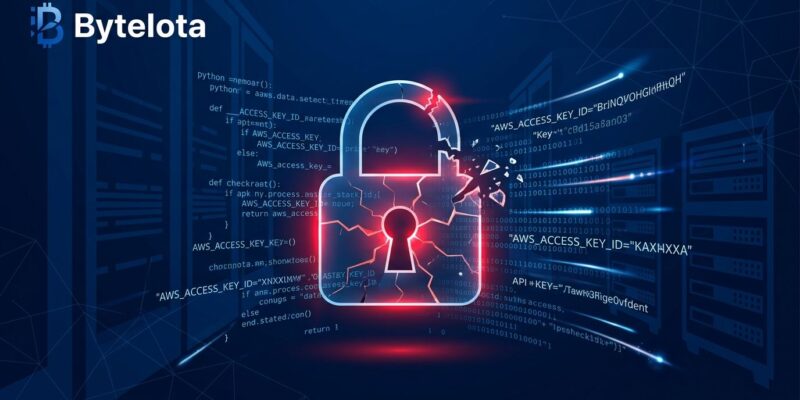 Broken padlock with API key data streams representing Langflow CVE-2026-33017 remote code execution vulnerability
