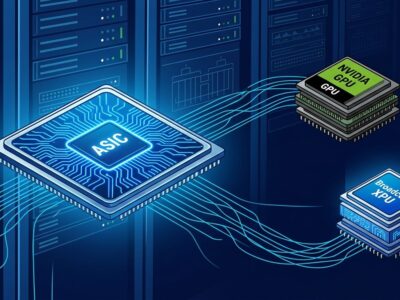 Custom AI chip silicon wafer with blue circuit patterns representing Broadcom XPU and Nvidia GPU comparison for AI inference workloads