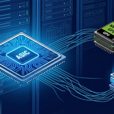 Custom AI chip silicon wafer with blue circuit patterns representing Broadcom XPU and Nvidia GPU comparison for AI inference workloads