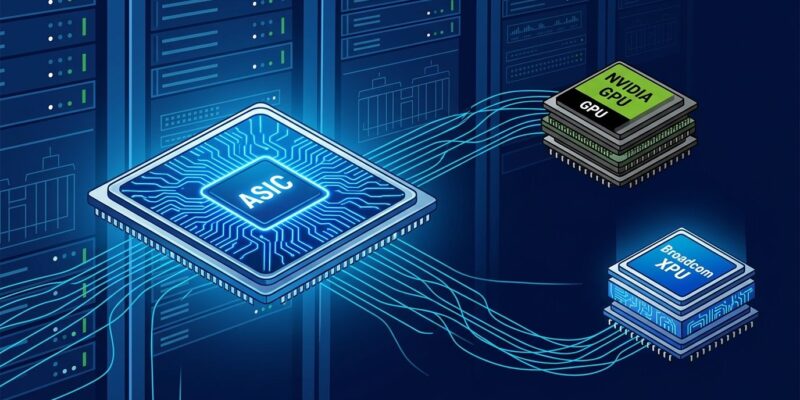 Custom AI chip silicon wafer with blue circuit patterns representing Broadcom XPU and Nvidia GPU comparison for AI inference workloads