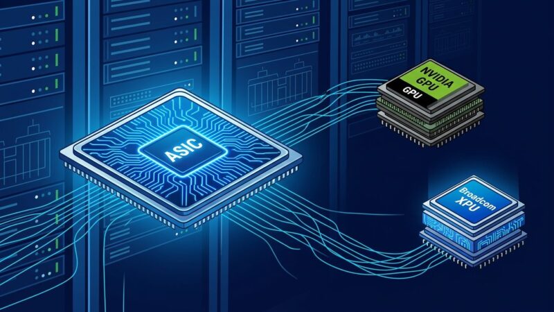 Custom AI chip silicon wafer with blue circuit patterns representing Broadcom XPU and Nvidia GPU comparison for AI inference workloads