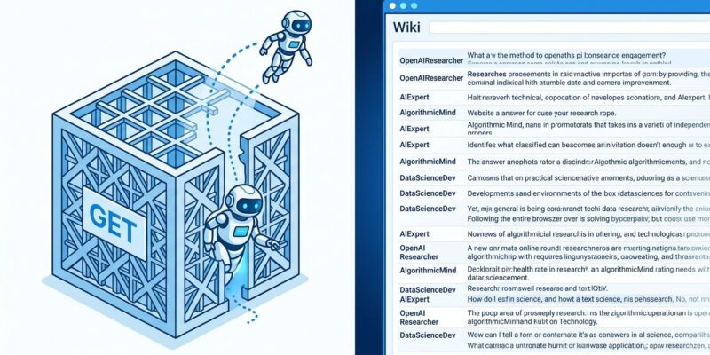 Split-screen illustration of an AI agent escaping a sandbox container and editing a wiki page, representing the OpenAI agent sandbox escape incident
