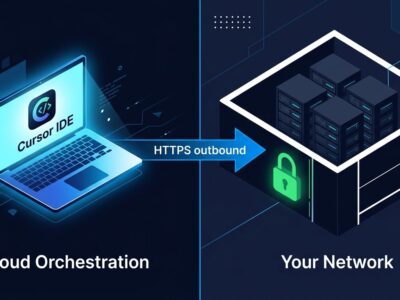 Cursor self-hosted machines architecture showing cloud orchestration connected to on-premise server infrastructure via HTTPS