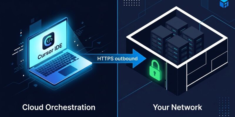 Cursor self-hosted machines architecture showing cloud orchestration connected to on-premise server infrastructure via HTTPS