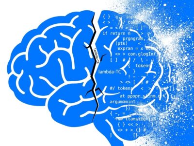 Brain silhouette split between intact left hemisphere and dissolving right hemisphere fragmenting into AI code tokens, representing LLM cognitive dependency tipping points