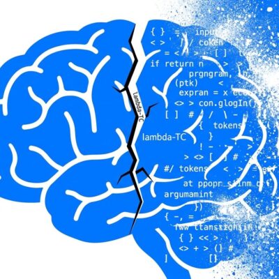 Brain silhouette split between intact left hemisphere and dissolving right hemisphere fragmenting into AI code tokens, representing LLM cognitive dependency tipping points