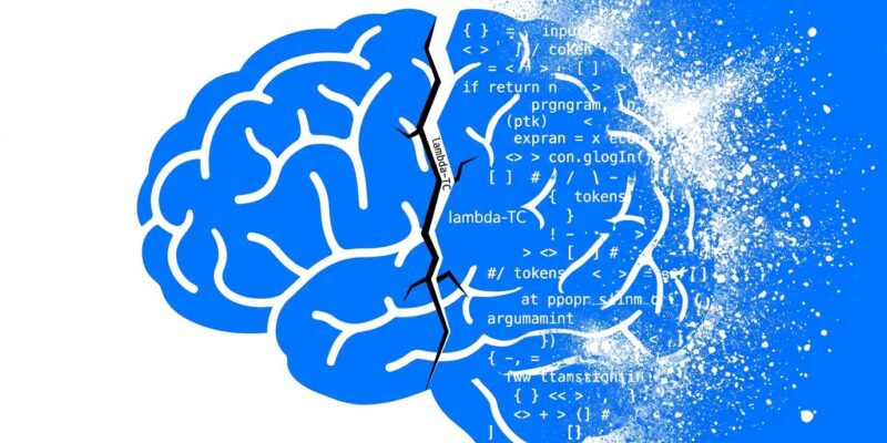 Brain silhouette split between intact left hemisphere and dissolving right hemisphere fragmenting into AI code tokens, representing LLM cognitive dependency tipping points