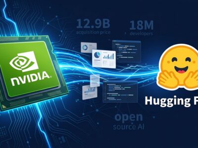 Nvidia GPU connected to Hugging Face open-source AI model hub illustration