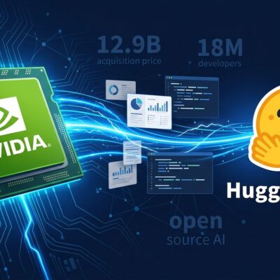 Nvidia GPU connected to Hugging Face open-source AI model hub illustration