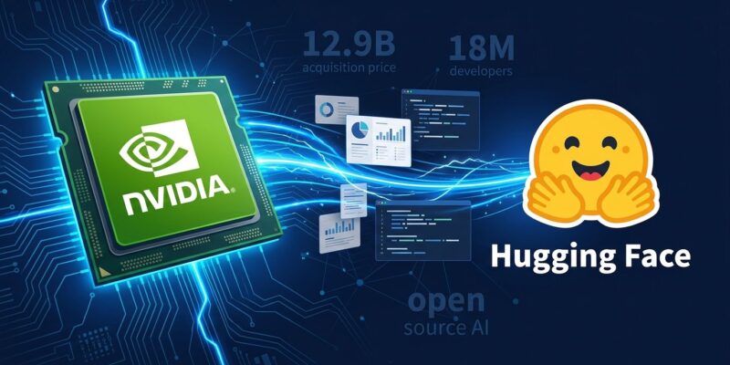 Nvidia GPU connected to Hugging Face open-source AI model hub illustration
