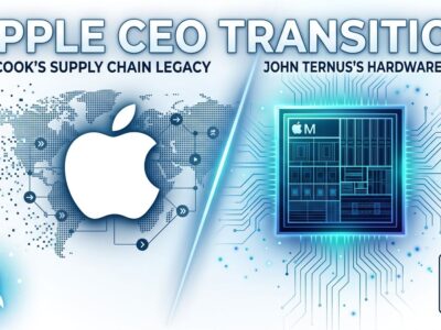 Apple CEO transition: M-series chip representing hardware engineer John Ternus taking over from Tim Cook, with foldable iPhone and Swift developer era ahead