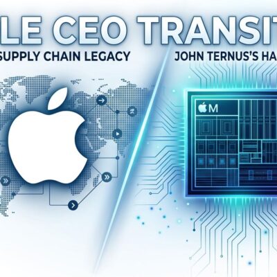 Apple CEO transition: M-series chip representing hardware engineer John Ternus taking over from Tim Cook, with foldable iPhone and Swift developer era ahead