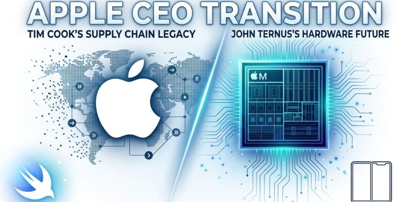 Apple CEO transition: M-series chip representing hardware engineer John Ternus taking over from Tim Cook, with foldable iPhone and Swift developer era ahead